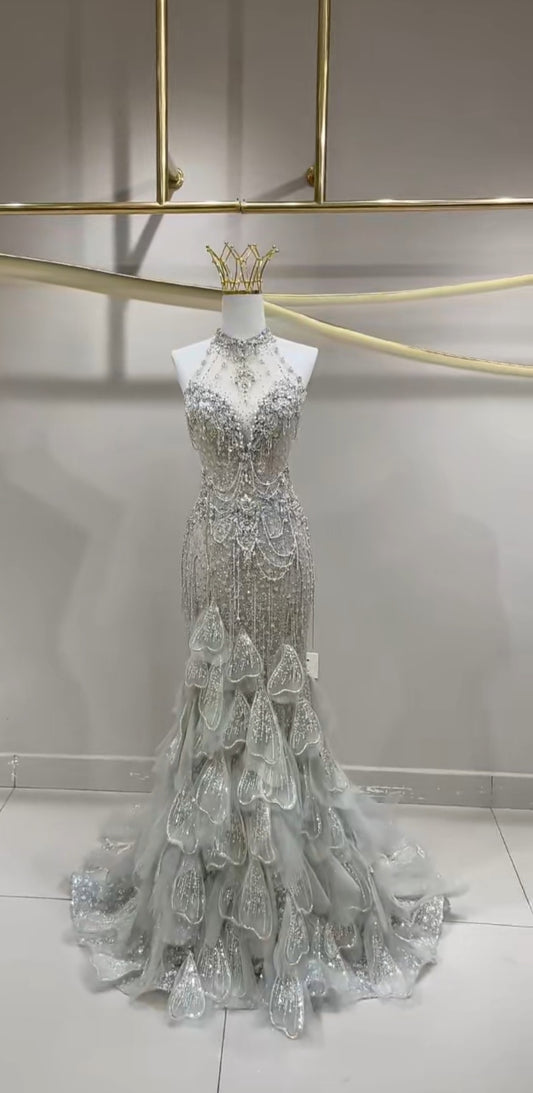 Multi Faceted Beaded Sequinned Halter 2026 Mermaid Gown With Layered Lower Skirt