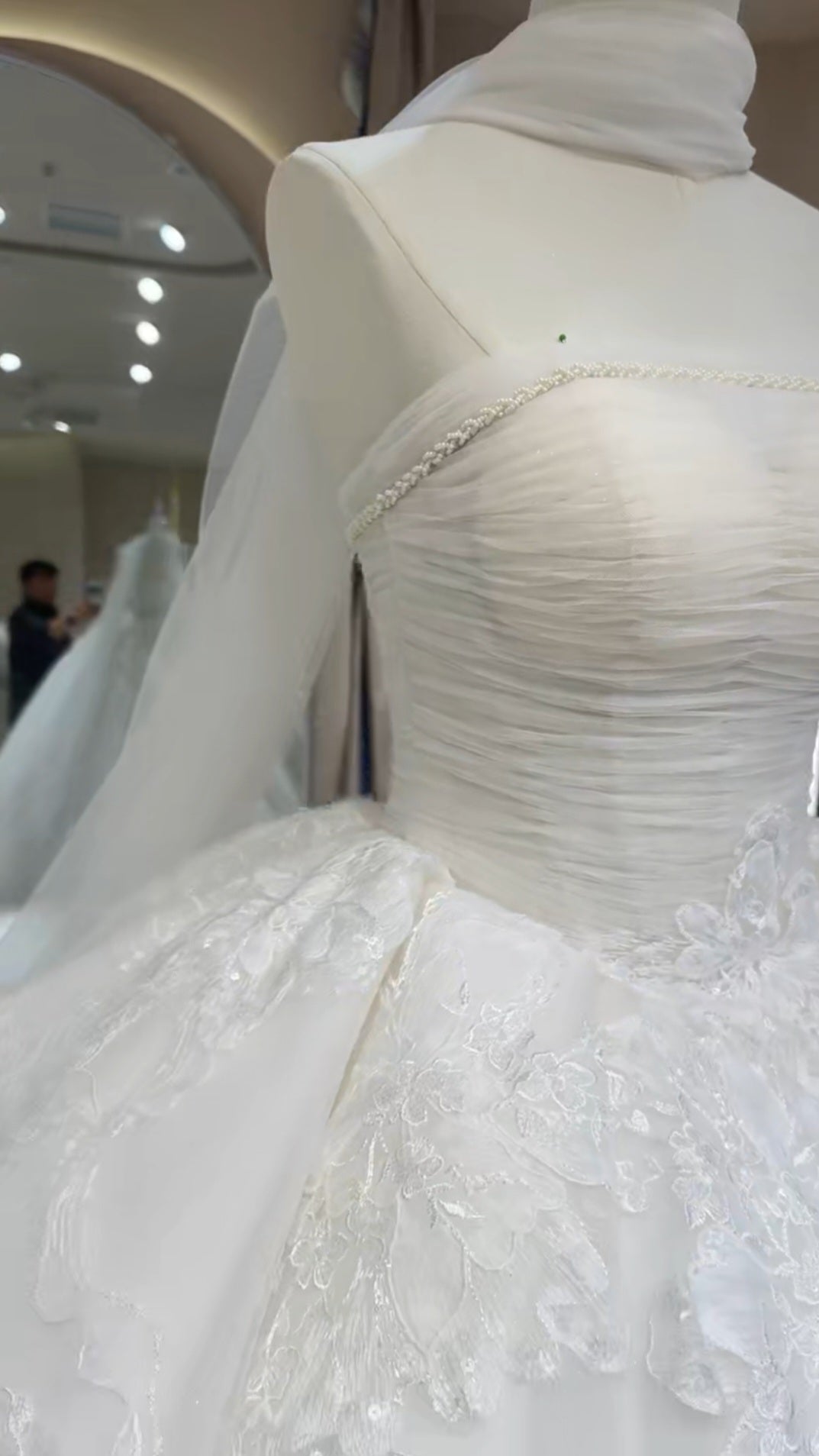 Strapless Boat Neck Beaded Ruched Bodice Detail Floral Sequin Appliqués Ivory Bridal Gown With Detached Flowing Scarf Train