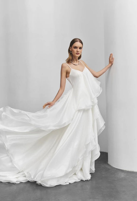 A-Line Silhouette Shiny Organza And Gentle Chiffon Layered Flounce V Neckline With Spaghetti Strap Minimalist Bridal Gown