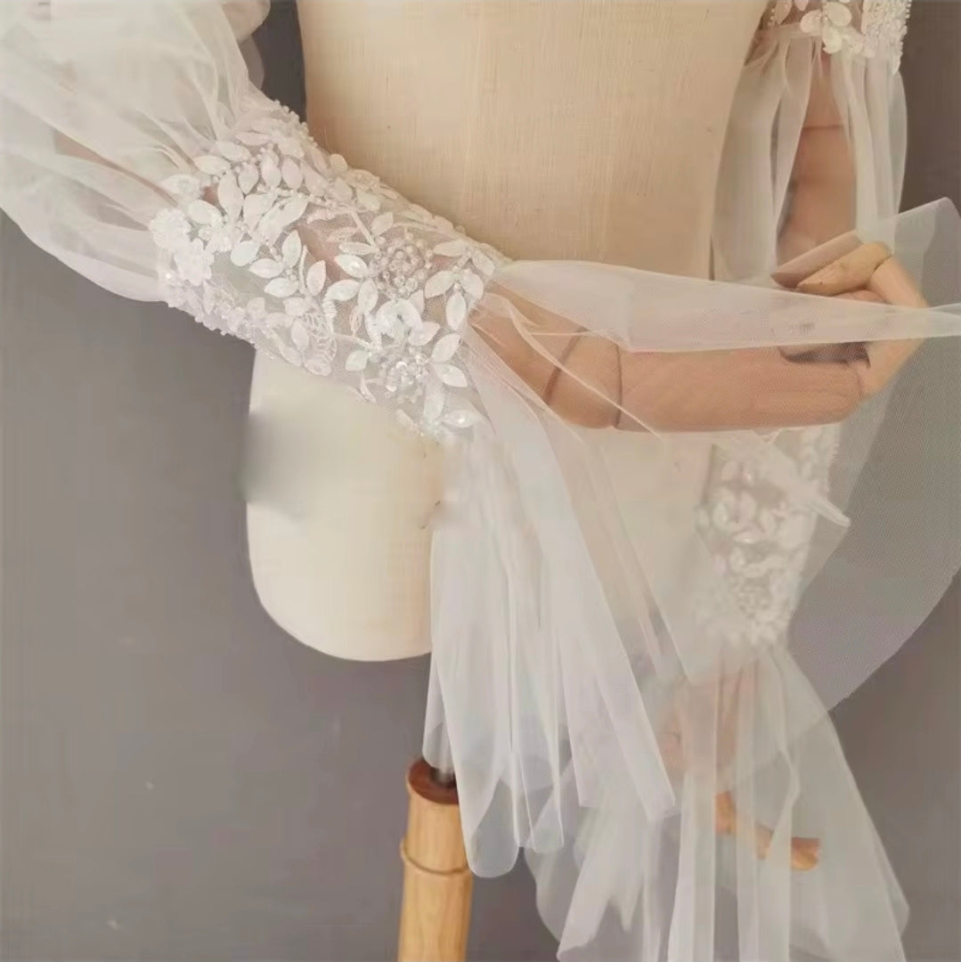 Detached Floral Sequinned Lace Over The Hand Bishop Sleeves