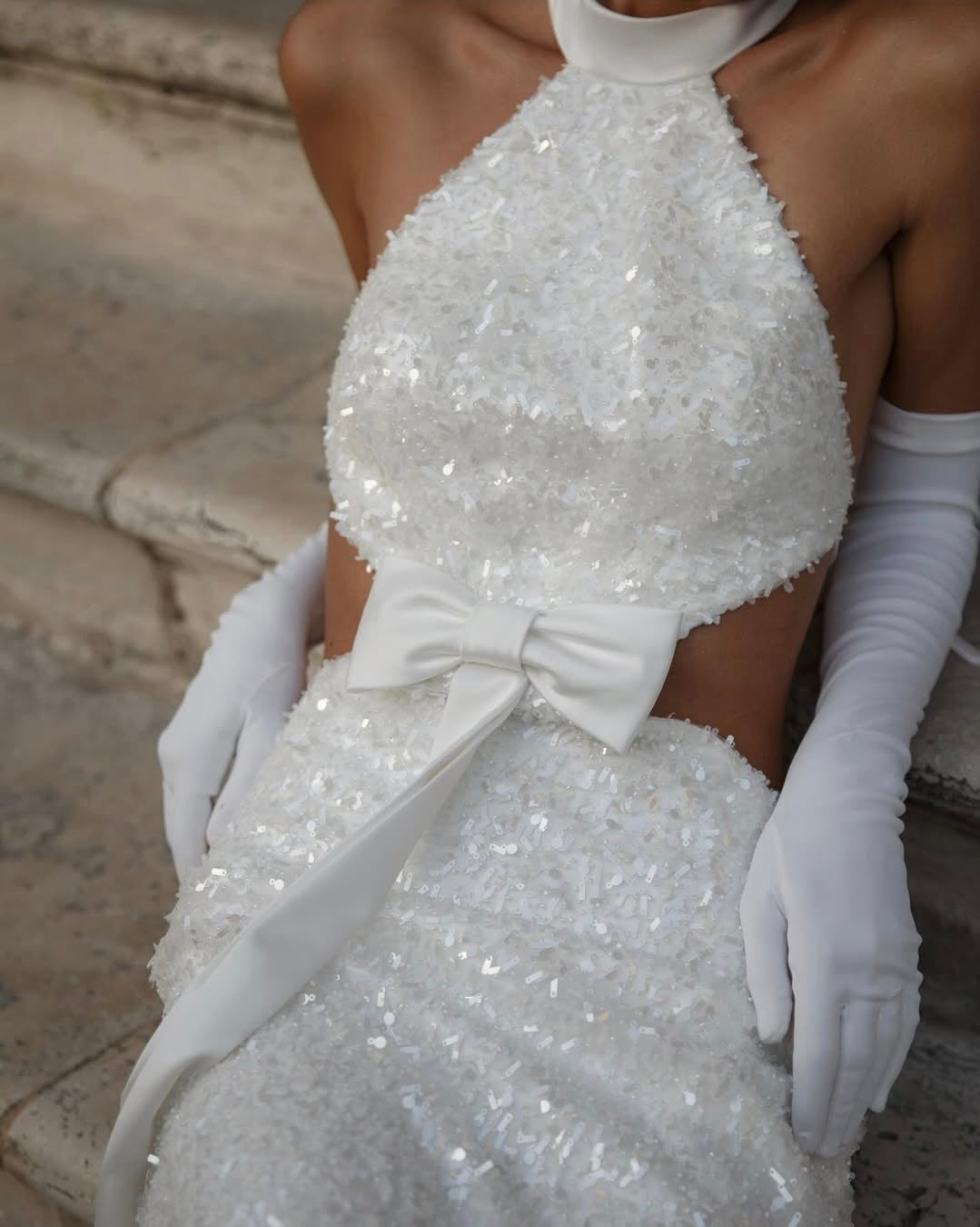 Stunning Sparkling Halter Neck, Illusion Side Cut Out With Front And Back Bowknot Detail Bridal Gown