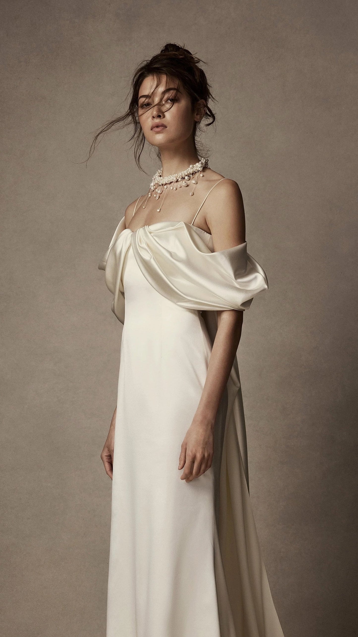 Spaghetti Strap Simply Draped Off The Shoulder Gown With Trailing Train