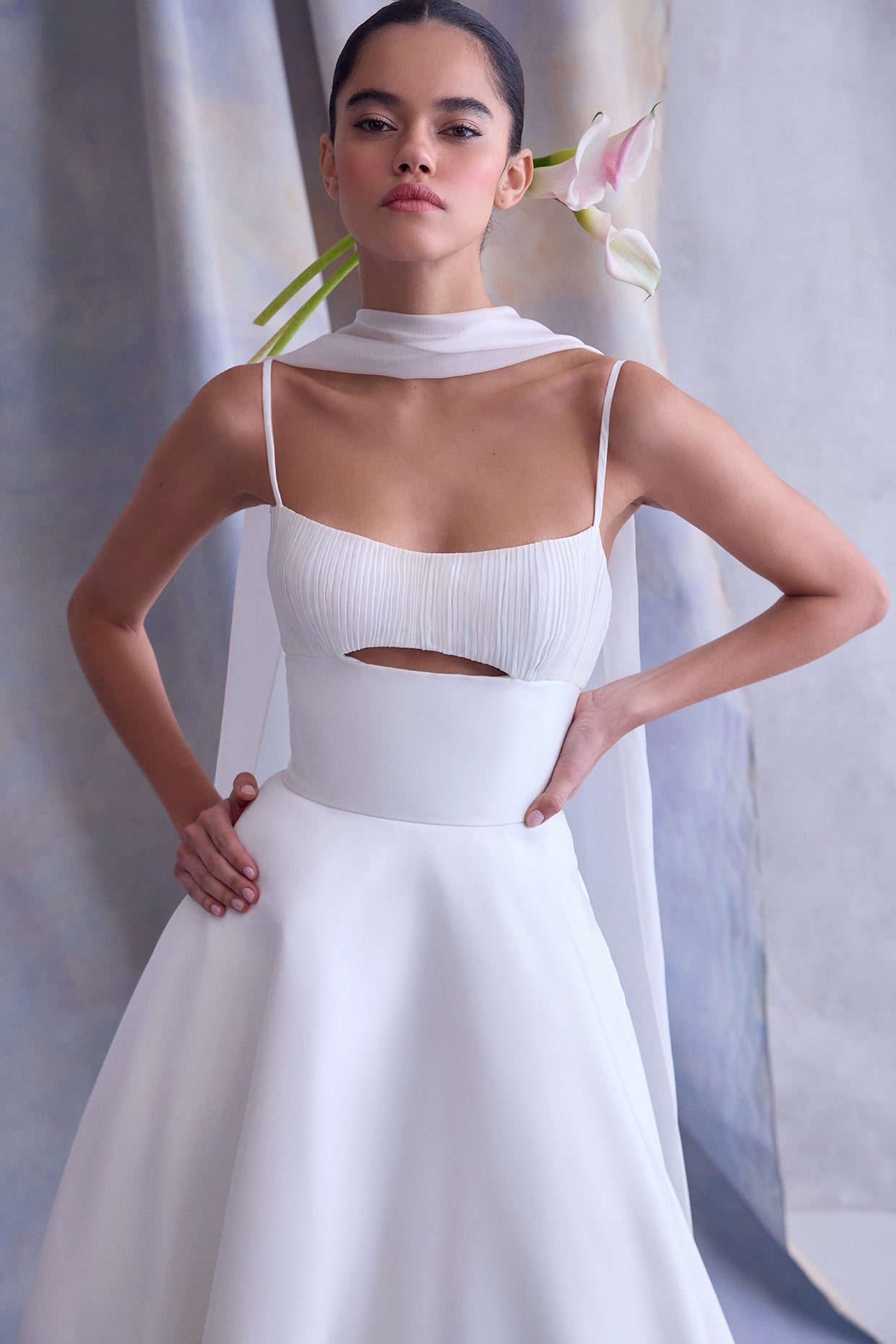 Mikado A-line With Pleated Satin Faced Chiffon Scoop Neck Bodice Bridal Gown With Delicate Bow Details On The Back With Detached Scarf