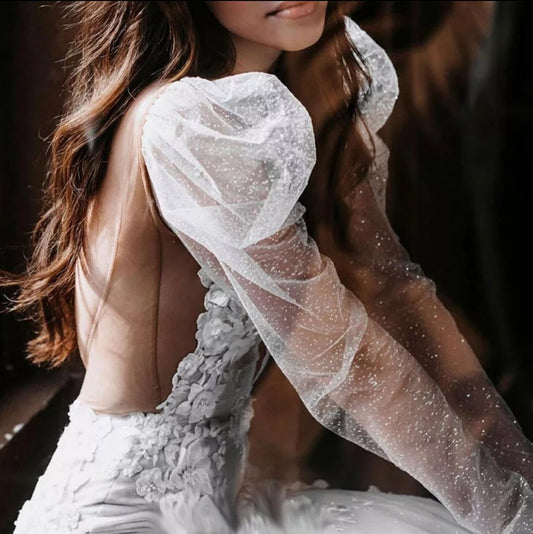 Detached Puff Shoulder Shimmering Glitter Tulle Sleeves