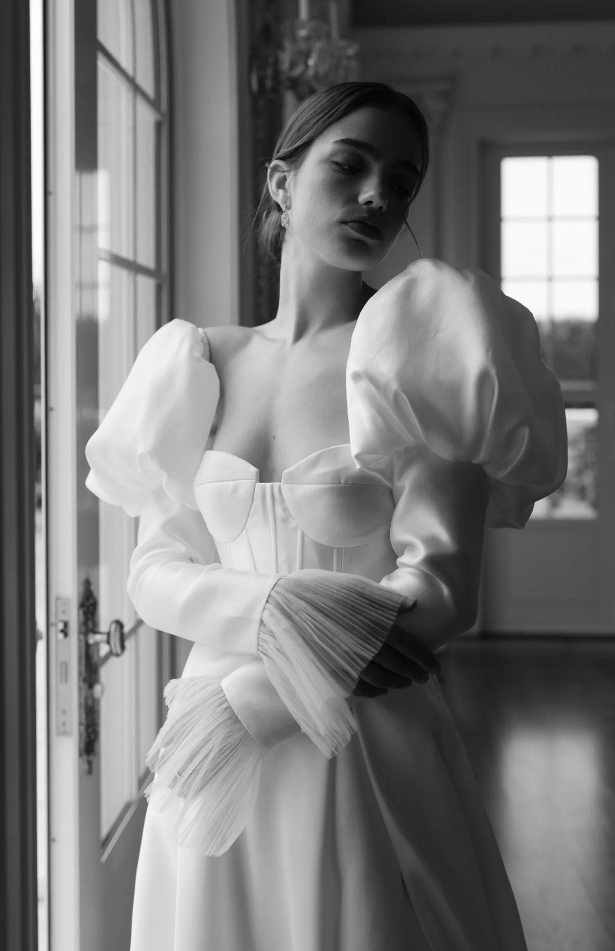 Detached Victorian Shoulder Puff To Fitted Satin Sleeves With Pleated Tulle Frill Cuff