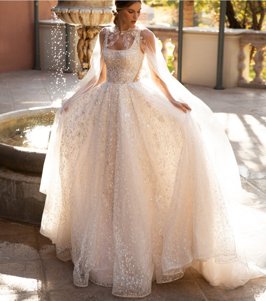 Floral Vine Appliqués & Shimmer Tulle Cape