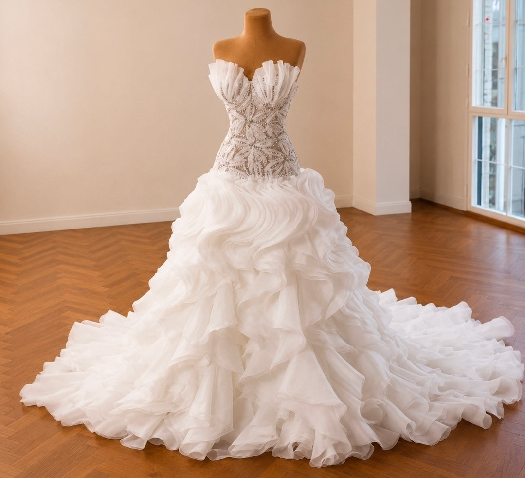 2026 Gorgeous Strapless Multi Beaded Floral Shell Sweetheart Bodice With Layered Skirt Bridal Gown With Lace Up Enclosure