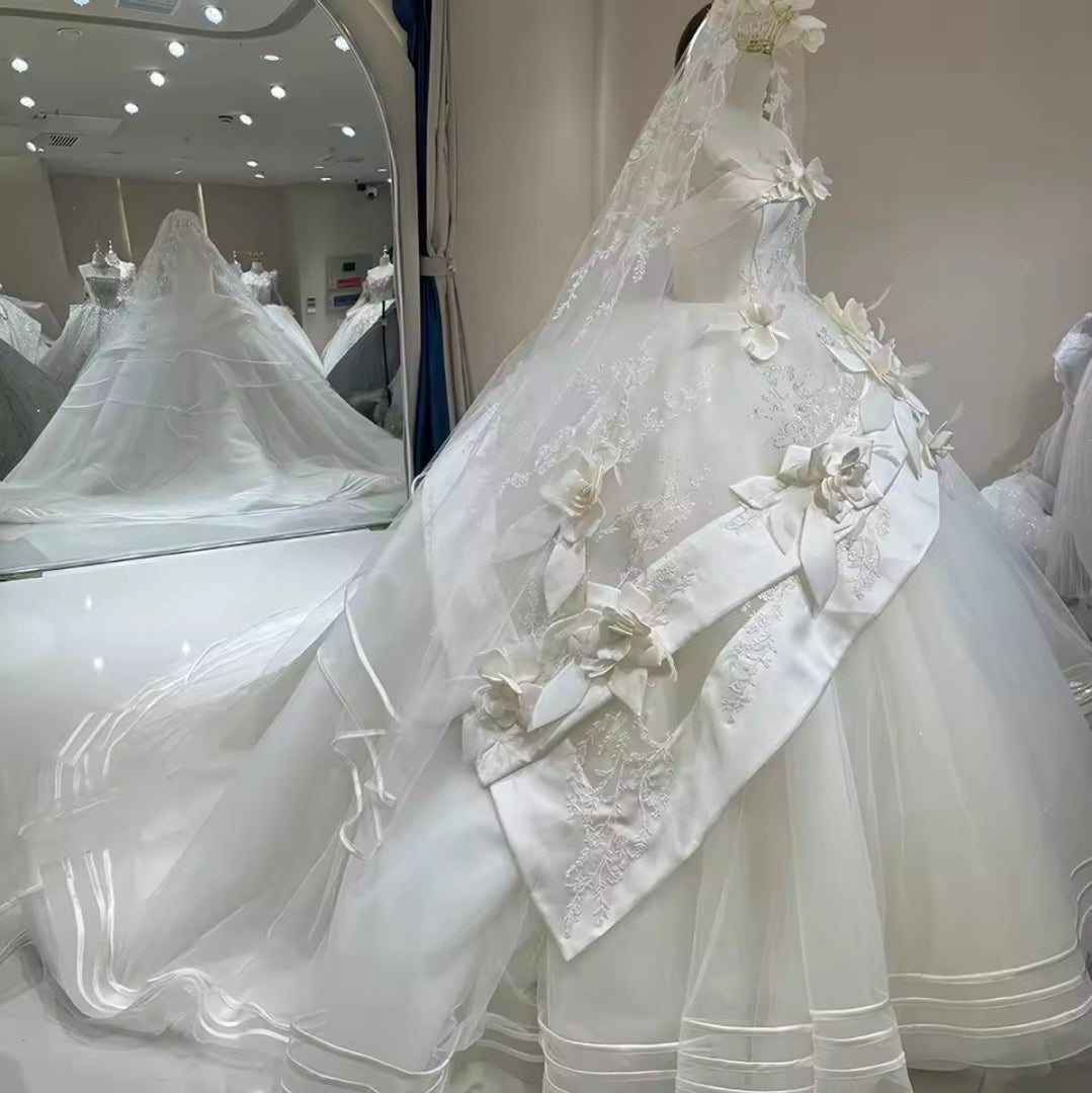 Sweeping And Sweet Bold Floral Detail Ivory Strapless Boat Neck Bridal A-Line Gown