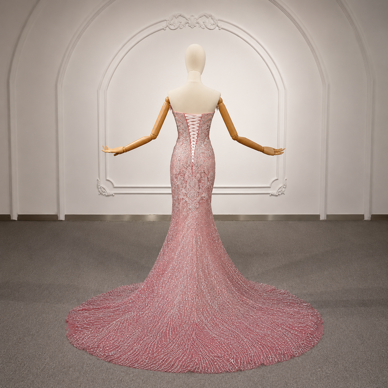 Rose Quartz Multi Beaded Strapless Sweetheart Mermaid Formal, Quinceañera, Sweet 16 Gown With Cape