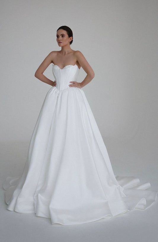 Crystal & Pearl Beaded Underlay Mikado Satin Sweetheart Scoop Neckline Strapless Bridal Ball Gown