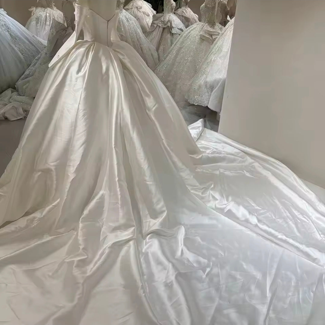 Long Sleeve Off The Shoulder Floral Appliqués Detail Cathedral A-Line Bridal Ball Room Gown With Detached Bold And Beautiful Floral Bolero