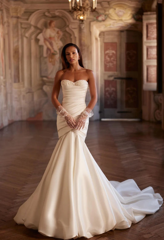 Ivory Mikado Corset  Mermaid Silhouette Bridal Gown With Romantic Sweetheart Neckline With Horizontal Draping And Pearl Sequin Beaded Detail