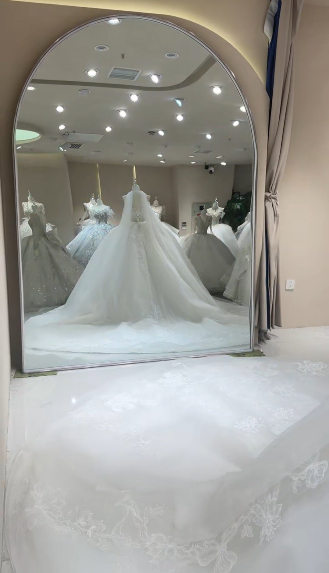 Strapless Boat Neck Beaded Ruched Bodice Detail Floral Sequin Appliqués Ivory Bridal Gown With Detached Flowing Scarf Train