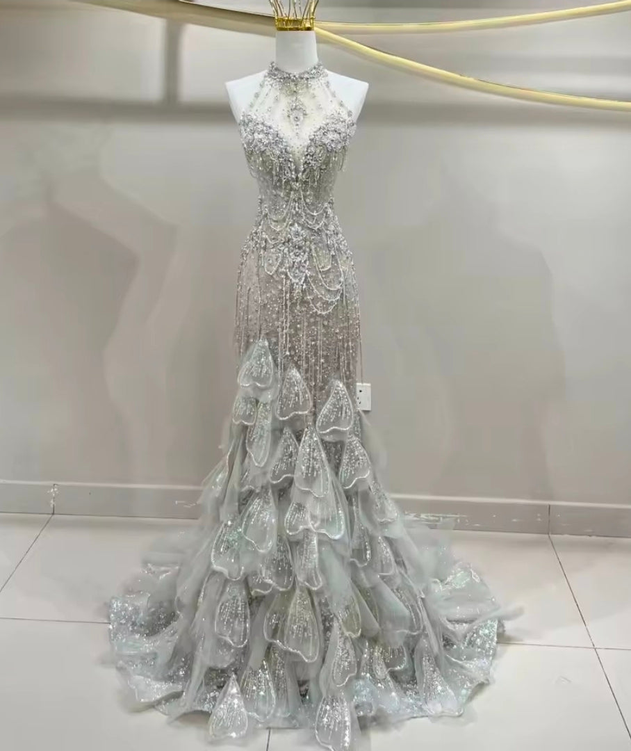 Multi Faceted Beaded Sequinned Halter 2026 Mermaid Gown With Layered Lower Skirt