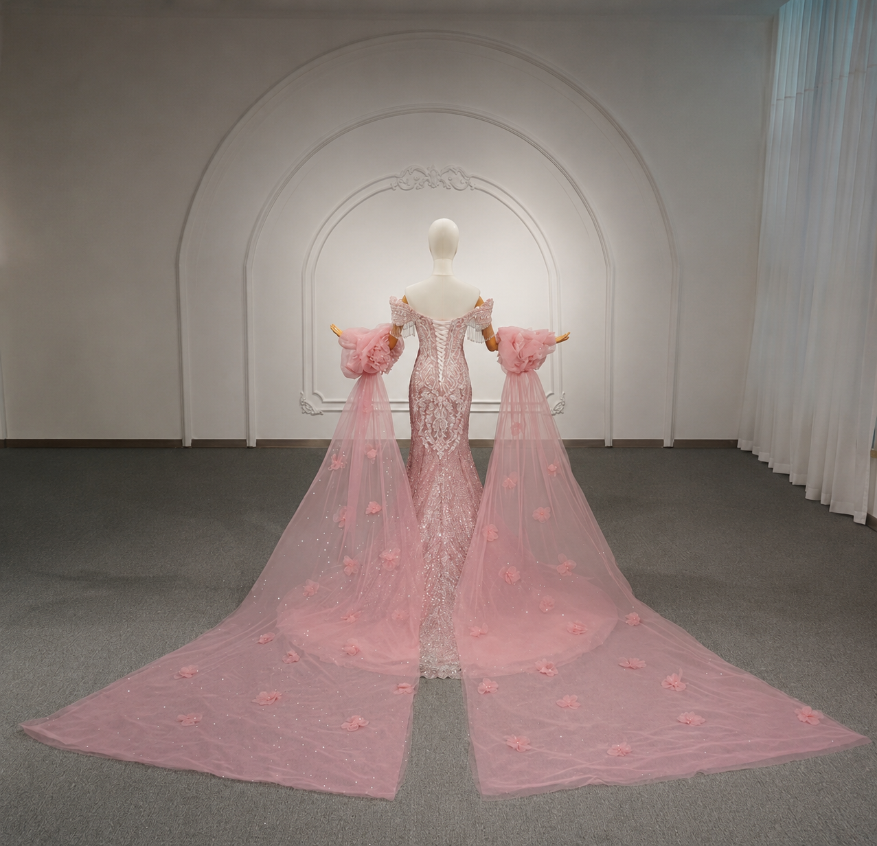 Elegantly Multi Beaded Cap Sleeve Pink Mermaid Quinceañera, Special Occasion, Formal 2026 Gown With Matching Detached Puff Floral Scattered Train Sleeves