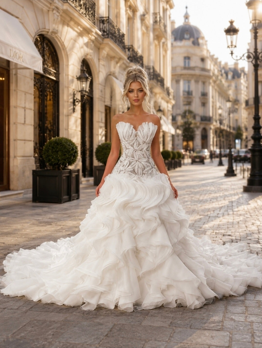 2026 Gorgeous Strapless Multi Beaded Floral Shell Sweetheart Bodice With Layered Skirt Bridal Gown With Lace Up Enclosure