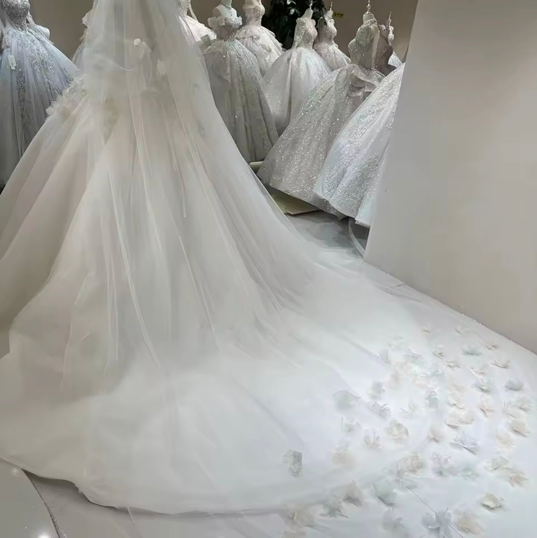 Elegant Ivory Touch Of Colour Floral Beauty Short Off The Shoulder Sweetheart Bridal Gown WITH Matching Veil