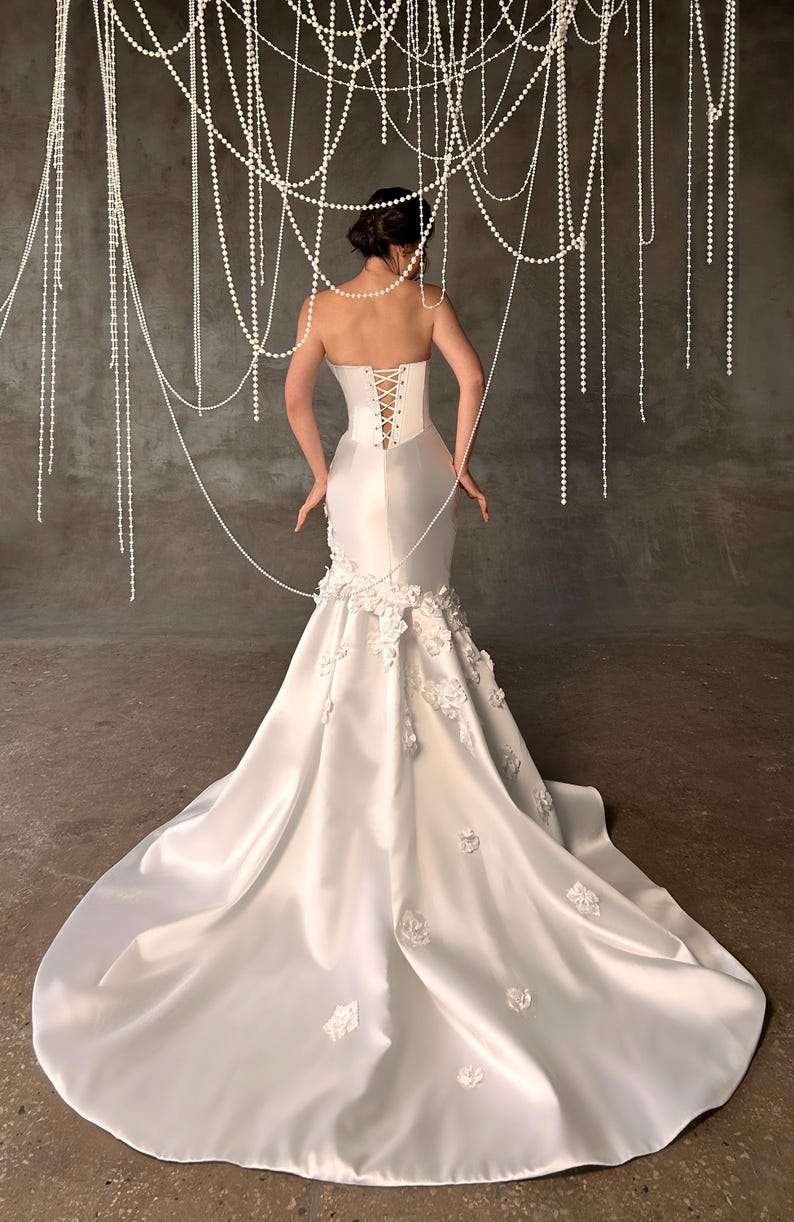 Floral Draped Detail Mikado Satin Strapless Irregular Plunging Trumpet Bridal Gown