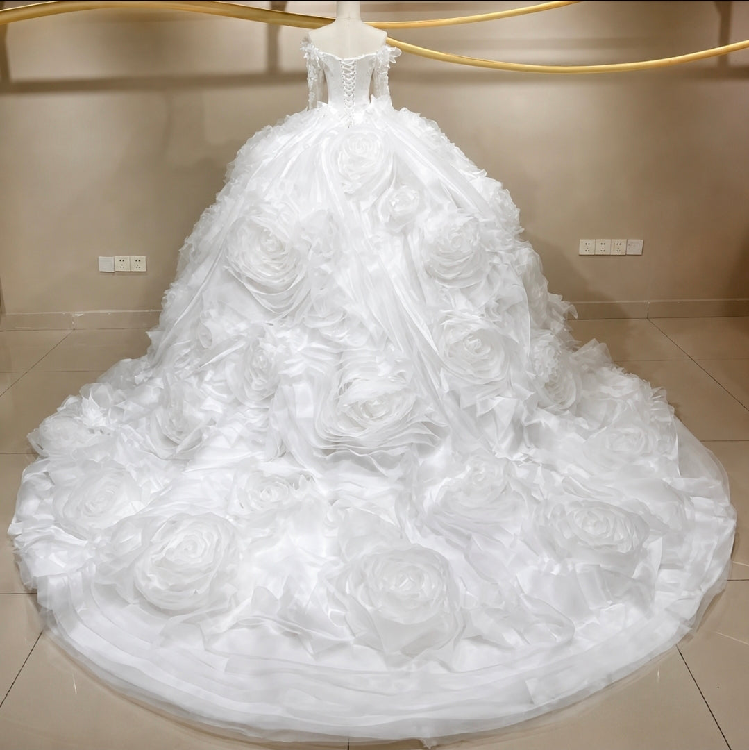 Beautiful Off The Shoulder Ruffled Floral Lace And Appliqués Scoop Neck Long Sleeve Lace A-Line Bridal Ball Gown
