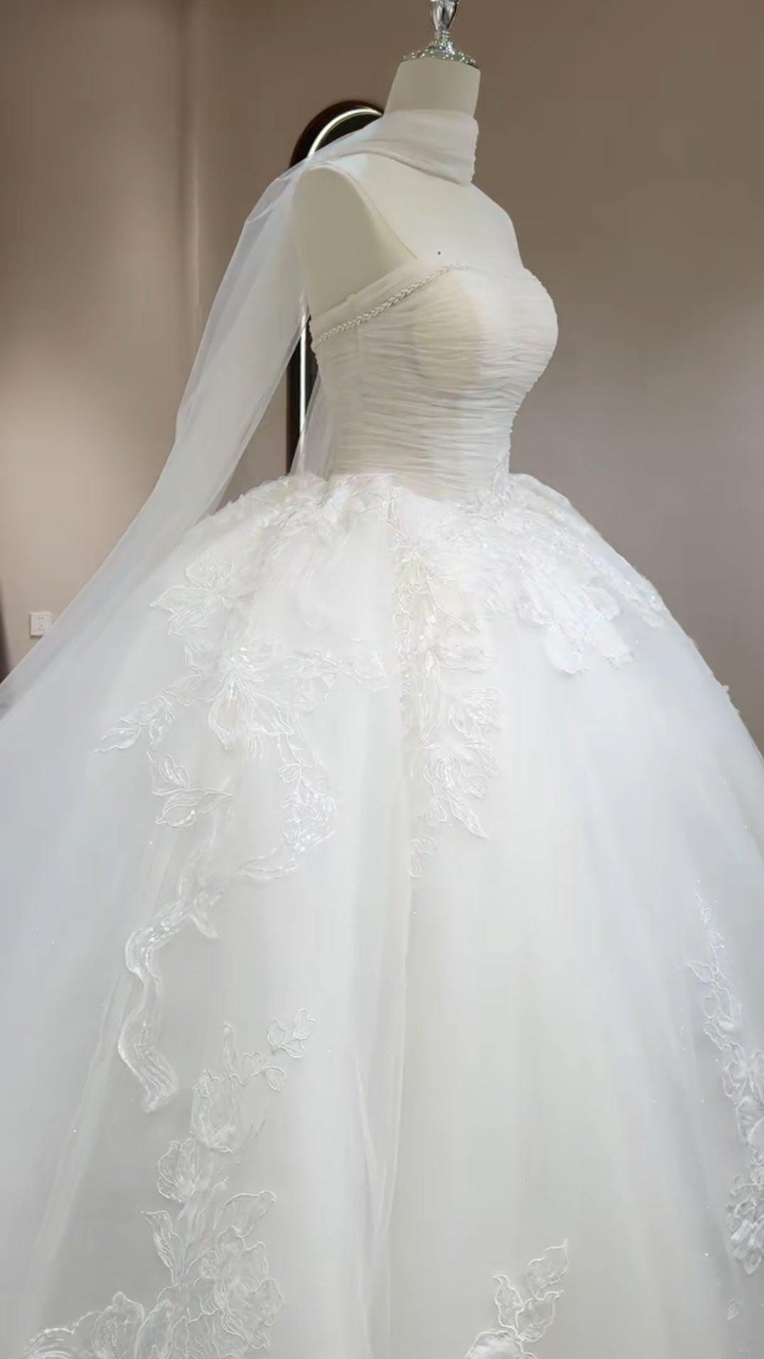 Strapless Boat Neck Beaded Ruched Bodice Detail Floral Sequin Appliqués Ivory Bridal Gown With Detached Flowing Scarf Train