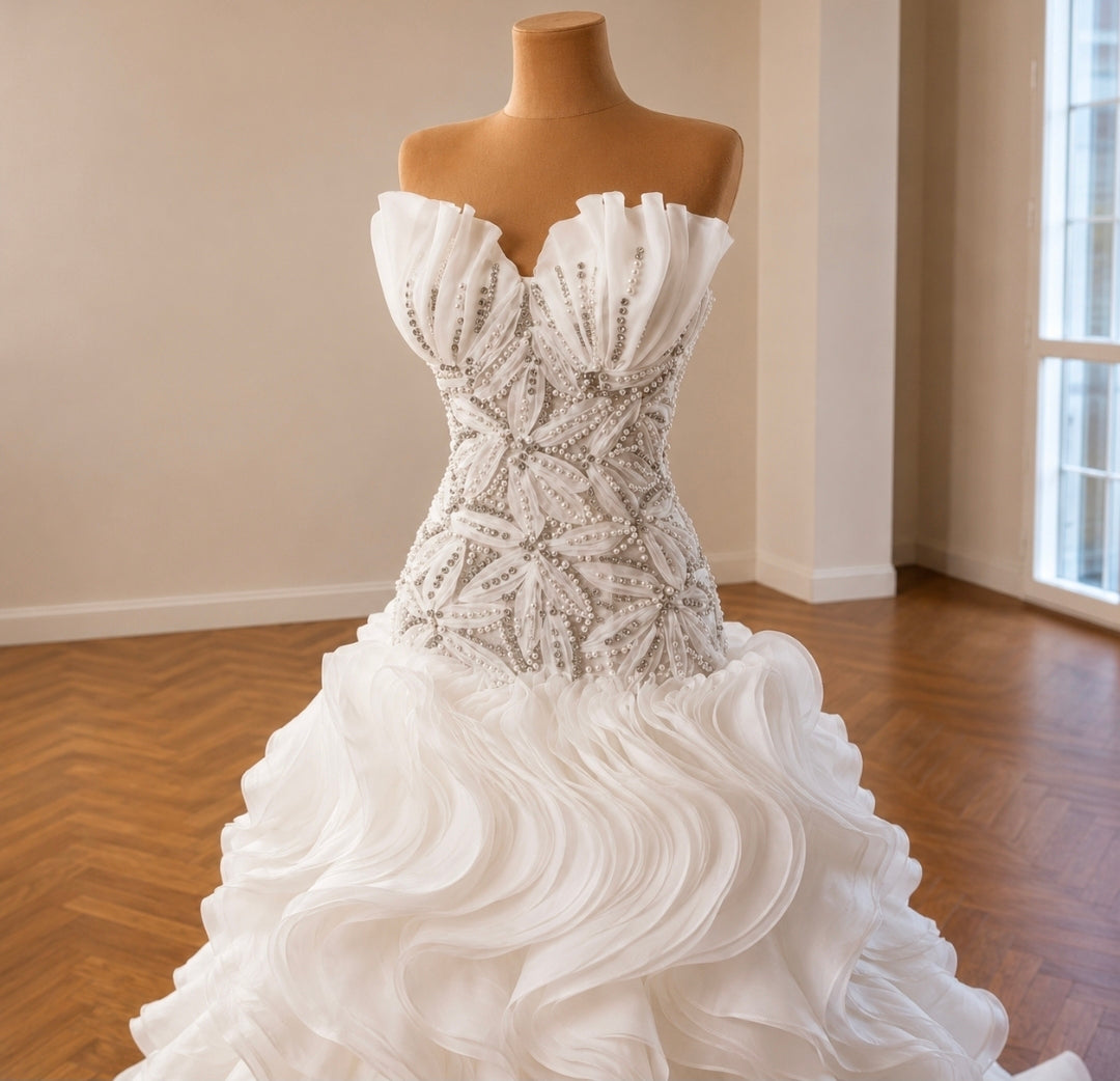 2026 Gorgeous Strapless Multi Beaded Floral Shell Sweetheart Bodice With Layered Skirt Bridal Gown With Lace Up Enclosure