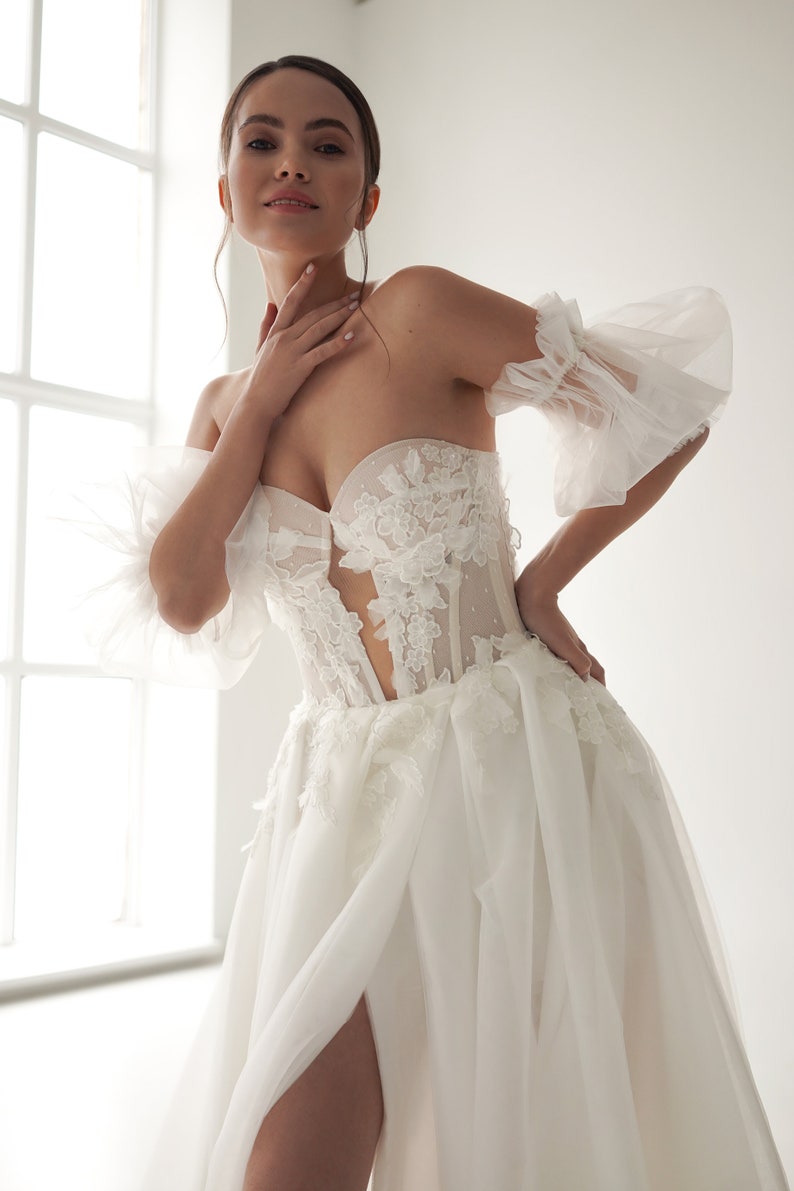 Sweeping Floral Sequin Appliqué Strapless Illusion Hollow Center Sheath Mini With A-Line Attached Overlay Gown And Detached Sleeves