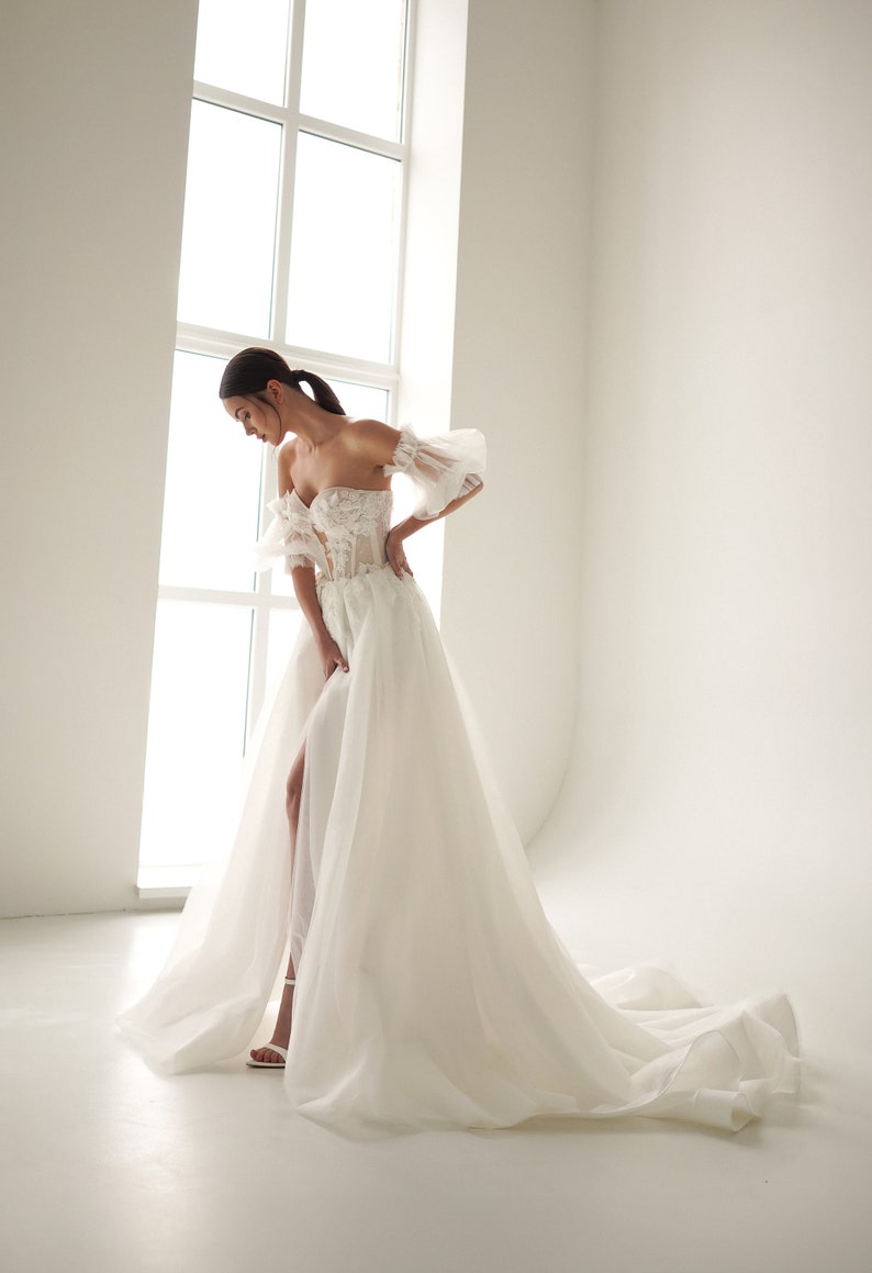 Sweeping Floral Sequin Appliqué Strapless Illusion Hollow Center Sheath Mini With A-Line Attached Overlay Gown And Detached Sleeves