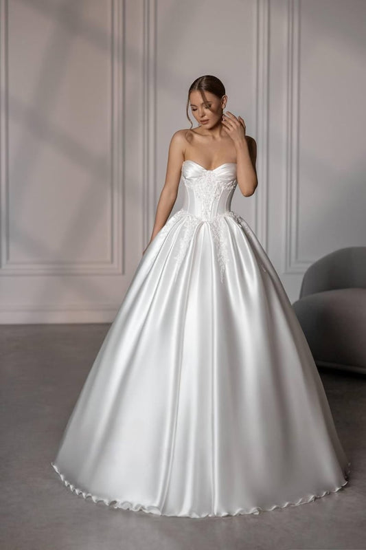 Elegant Mikado Satin Sweetheart Sequinned Floral Appliqué Pleated Corset A-Line Bridal Ball Gown