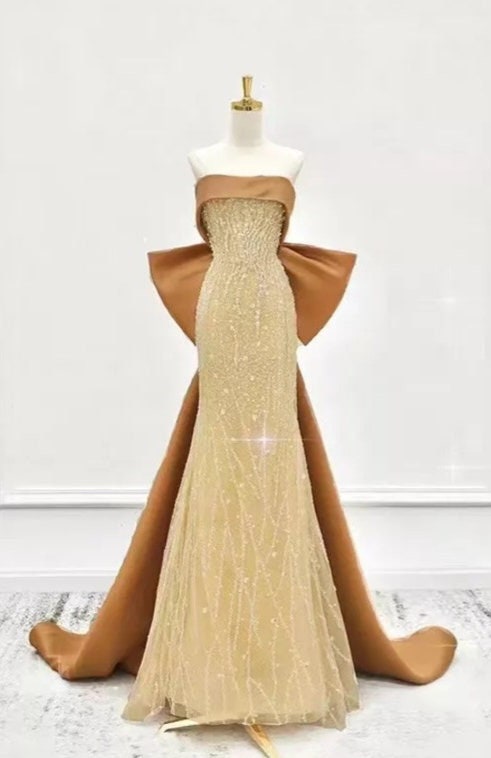 Sequin Lace & Satin Big Bow Strapless Folded Boat Neck Gown