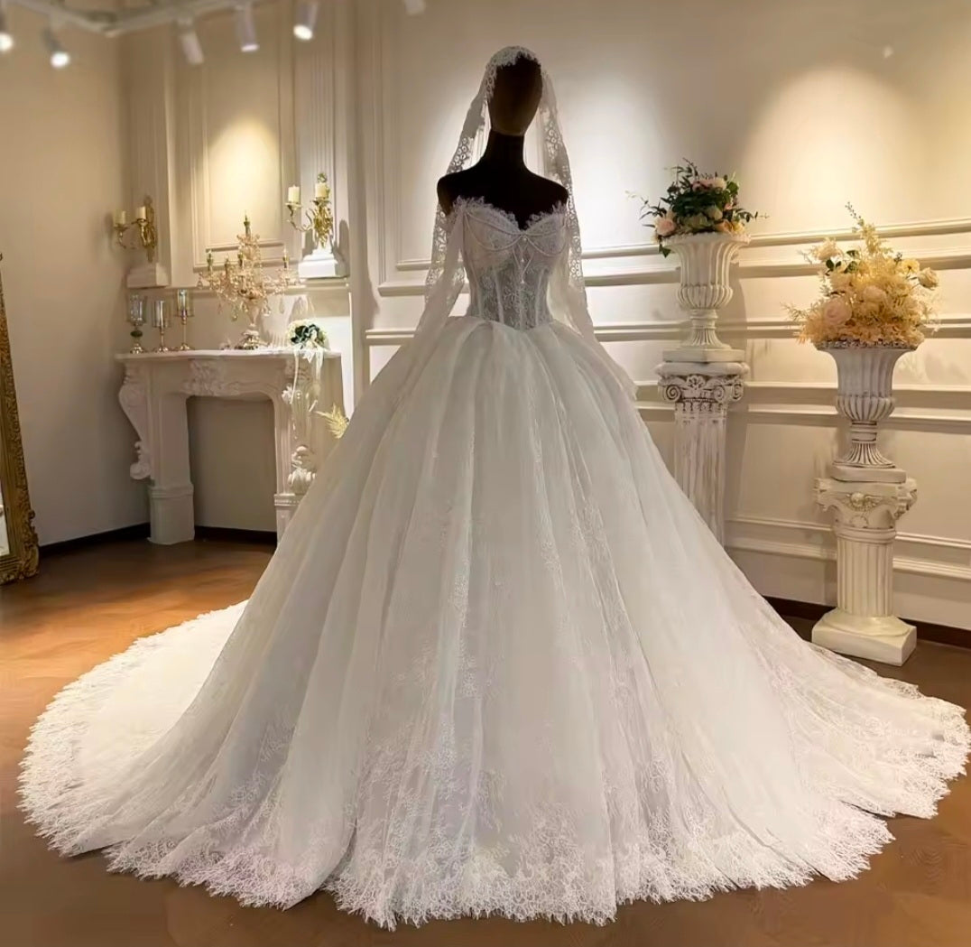 Full Lace Off The Shoulder Sweetheart Corset 2026 Bridal Wedding A-Line Gown With Beautiful Flare Sleeves