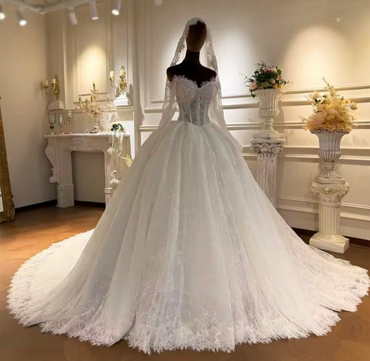 Full Lace Off The Shoulder Sweetheart Corset 2026 Bridal Wedding A-Line Gown With Beautiful Flare Sleeves
