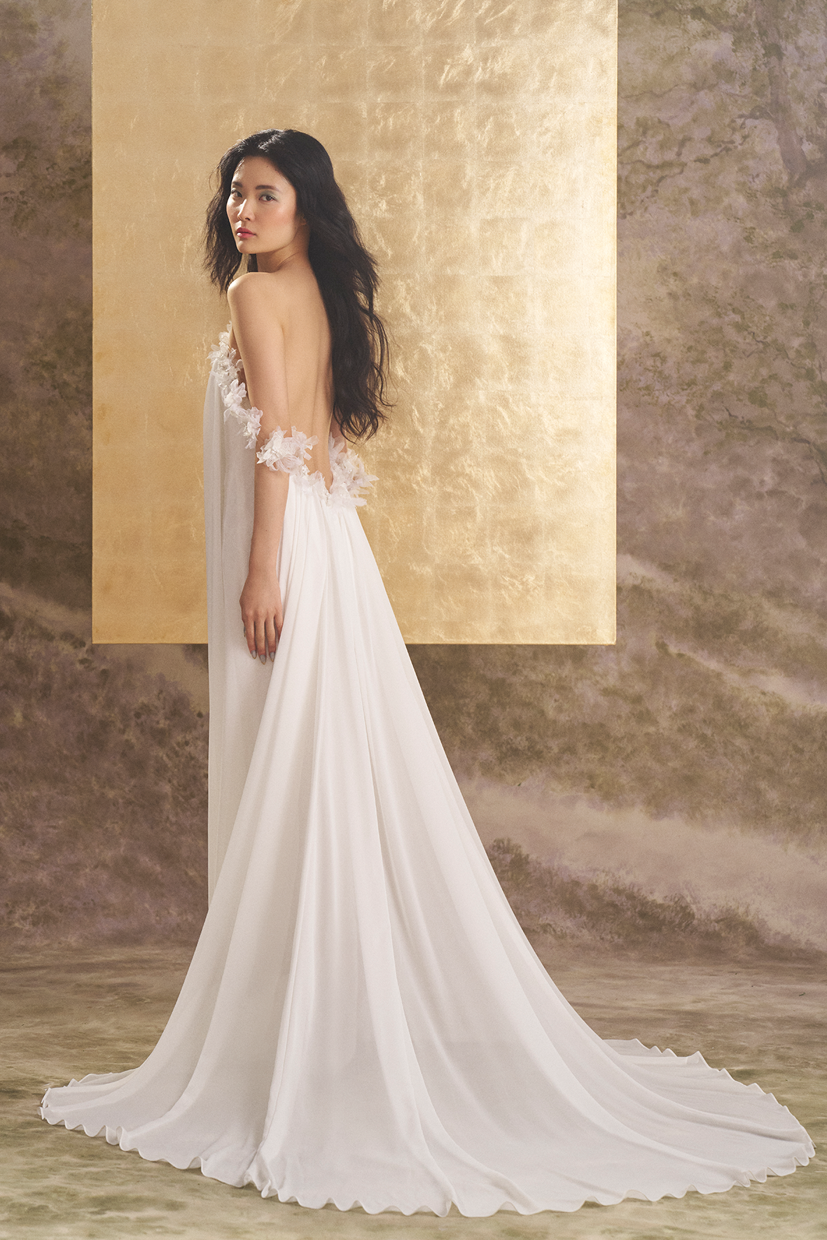 Off The Shoulder Flowing Soft Narrow A-line With Signature Illusion Low Back And Floral Detail Bridal Gown