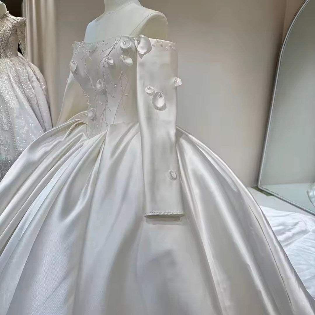 Long Sleeve Off The Shoulder Floral Appliqués Detail Cathedral A-Line Bridal Ball Room Gown With Detached Bold And Beautiful Floral Bolero