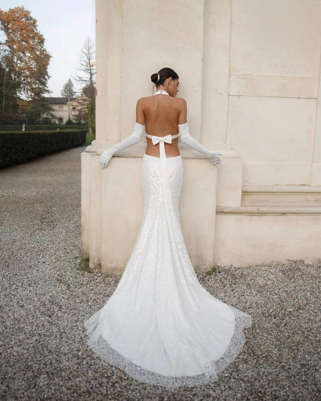 Stunning Sparkling Halter Neck, Illusion Side Cut Out With Front And Back Bowknot Detail Bridal Gown