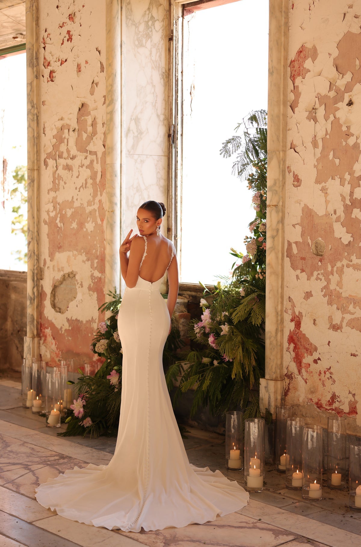 Delicate Ivory Floral Sequin Appliqué Spaghetti Strap Scoop Neck Trumpet Bridal Gown With Sequin Beaded Floral Appliqué Accents