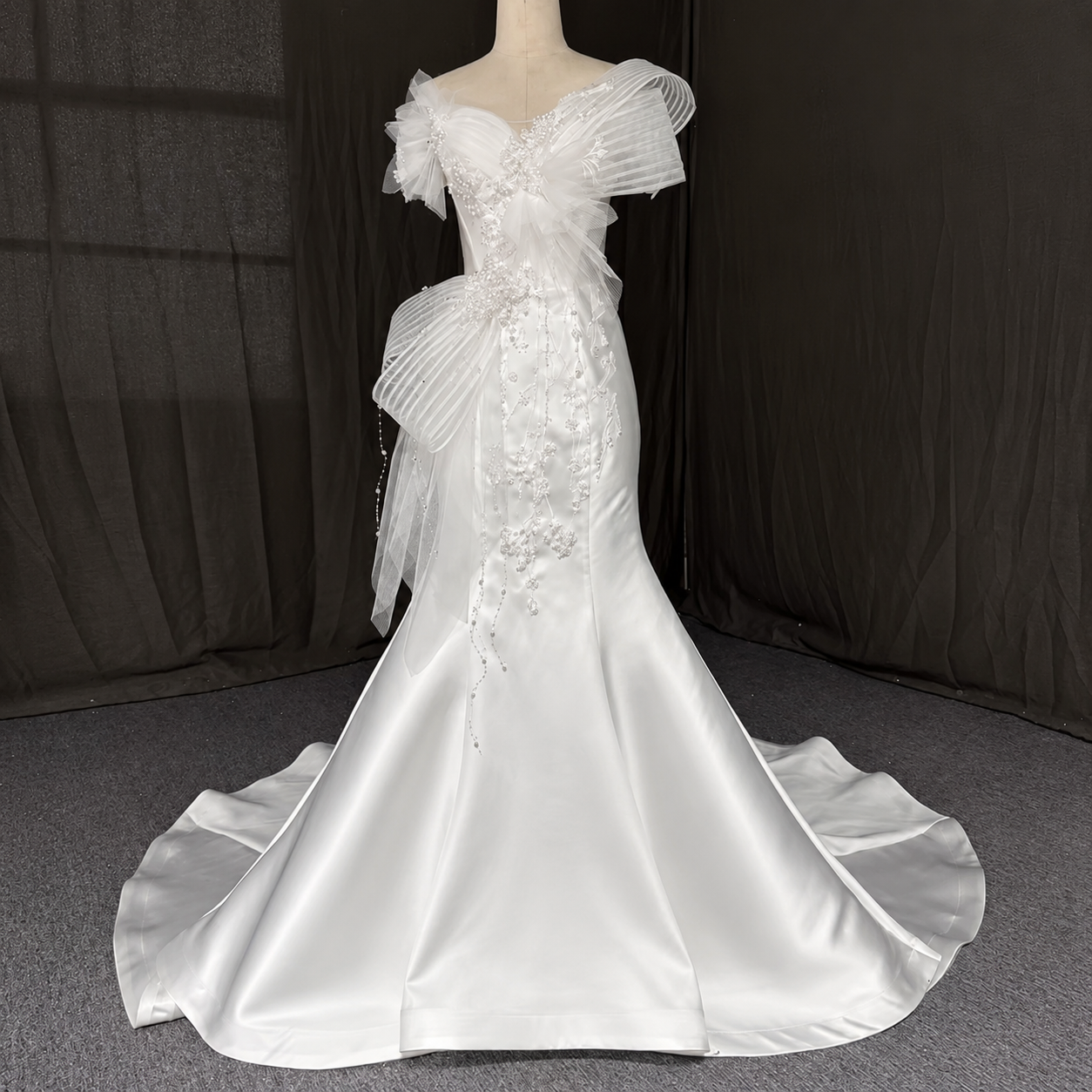 Georgina- Beautiful Off The Shoulder Multi Beaded Sweetheart Satin Trumpet Gown With Pleated Bow Detail