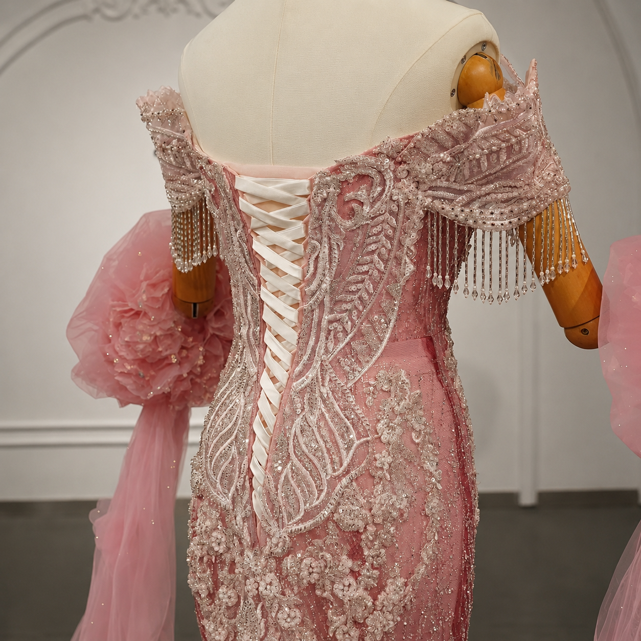 Elegantly Multi Beaded Cap Sleeve Pink Mermaid Quinceañera, Special Occasion, Formal 2026 Gown With Matching Detached Puff Floral Scattered Train Sleeves