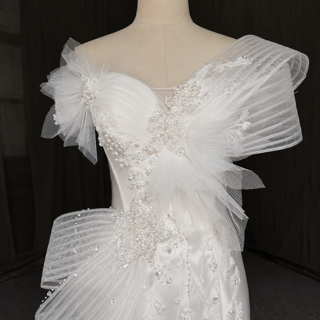 Georgina- Beautiful Off The Shoulder Multi Beaded Sweetheart Satin Trumpet Gown With Pleated Bow Detail