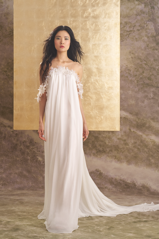 Off The Shoulder Flowing Soft Narrow A-line With Signature Illusion Low Back And Floral Detail Bridal Gown