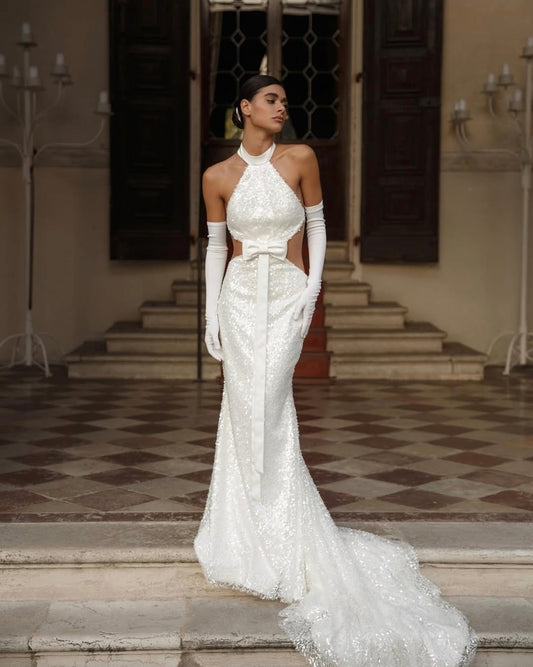 Stunning Sparkling Halter Neck, Illusion Side Cut Out With Front And Back Bowknot Detail Bridal Gown