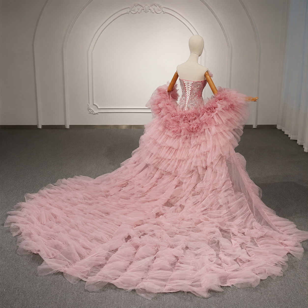 Rose Quartz Multi Beaded Strapless Sweetheart Mermaid Formal, Quinceañera, Sweet 16 Gown With Cape