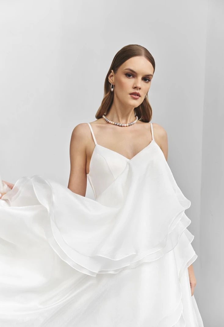 A-Line Silhouette Shiny Organza And Gentle Chiffon Layered Flounce V Neckline With Spaghetti Strap Minimalist Bridal Gown