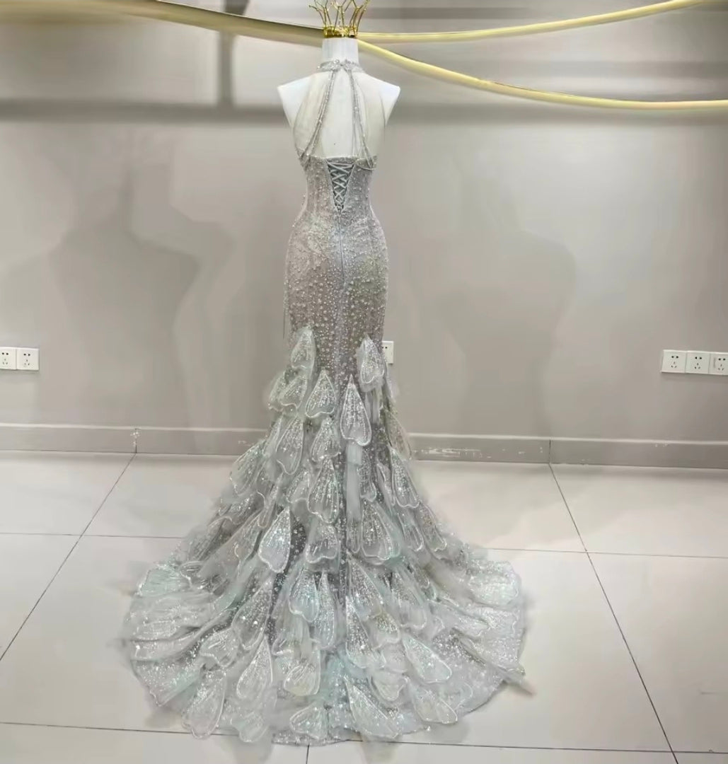 Multi Faceted Beaded Sequinned Halter 2026 Mermaid Gown With Layered Lower Skirt