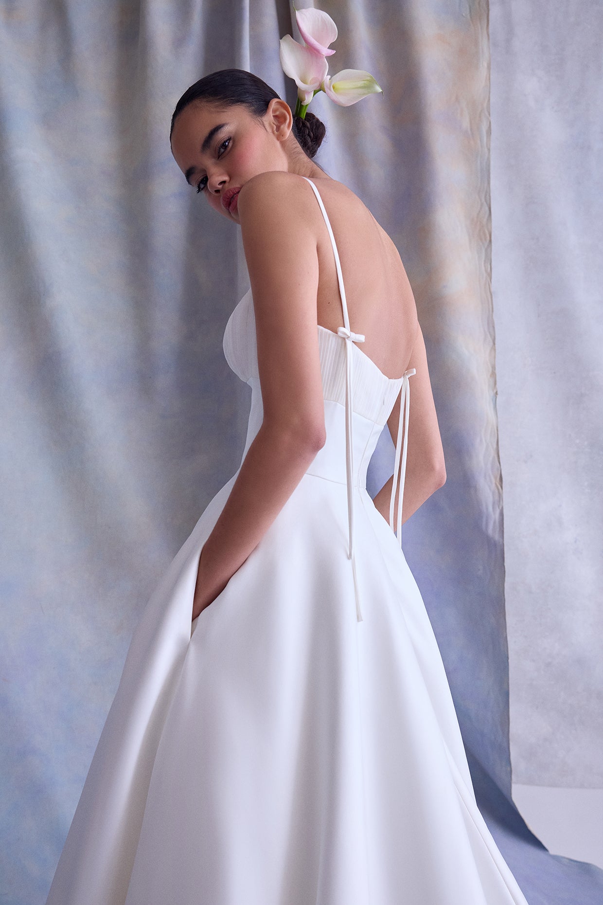 Mikado A-line With Pleated Satin Faced Chiffon Scoop Neck Bodice Bridal Gown With Delicate Bow Details On The Back With Detached Scarf