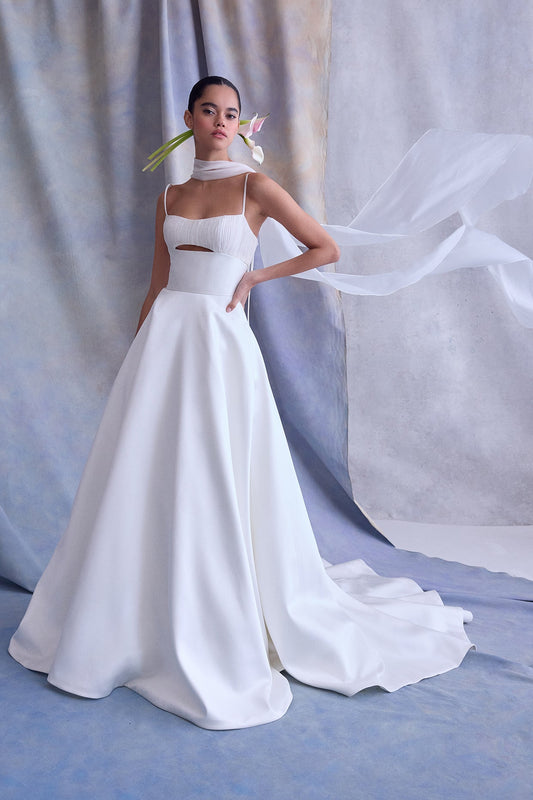 Mikado A-line With Pleated Satin Faced Chiffon Scoop Neck Bodice Bridal Gown With Delicate Bow Details On The Back With Detached Scarf