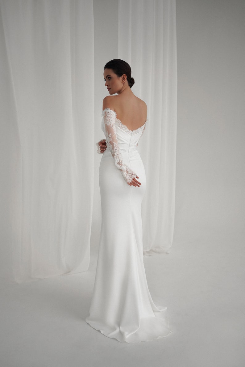 Beautiful Off The Shoulder Satin & Eyelash Lace Underlay Sweetheart Scooped Neckline Form Fitting Trumpet Bridal Gown