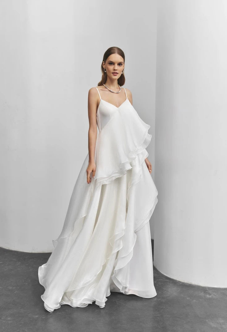 A-Line Silhouette Shiny Organza And Gentle Chiffon Layered Flounce V Neckline With Spaghetti Strap Minimalist Bridal Gown