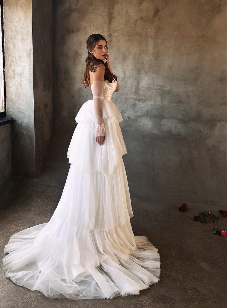 Sweet & Strapless V-Neck Criss Cross Pleated Bodice And Layered Gown With Front Split And Detached Sheer Sleeves