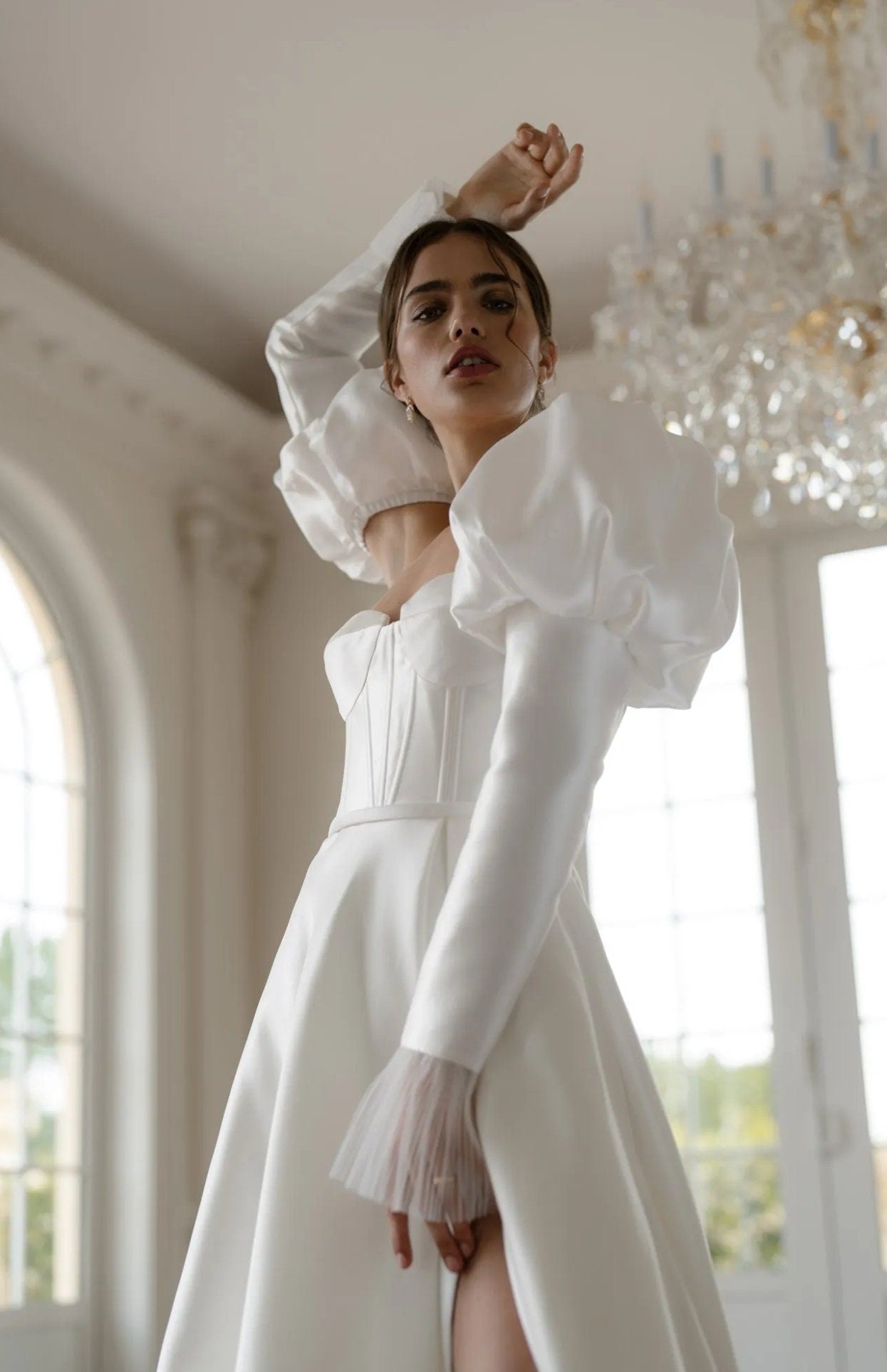 Detached Victorian Shoulder Puff To Fitted Satin Sleeves With Pleated Tulle Frill Cuff