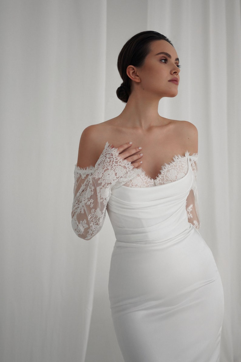 Beautiful Off The Shoulder Satin & Eyelash Lace Underlay Sweetheart Scooped Neckline Form Fitting Trumpet Bridal Gown